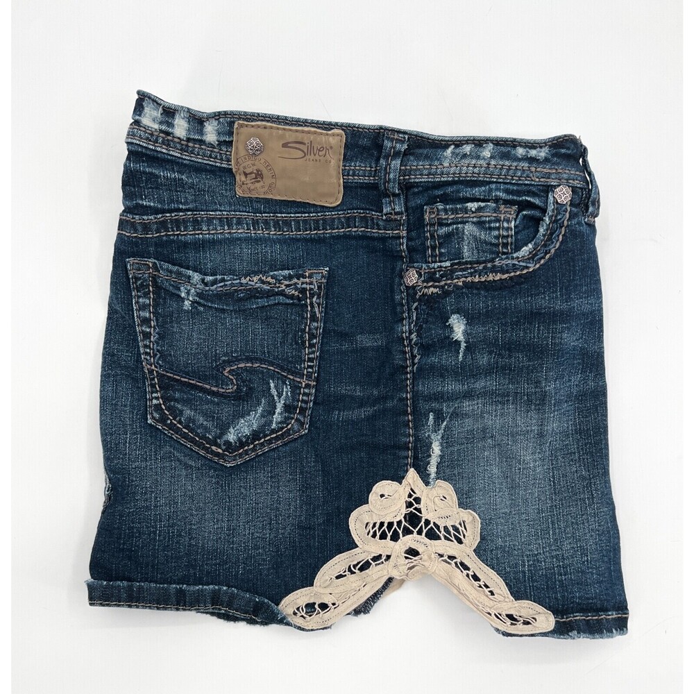 Silver Jeans Skirt Womens 27 Blue Denim Lace Embroidered Distressed Mini Fancy